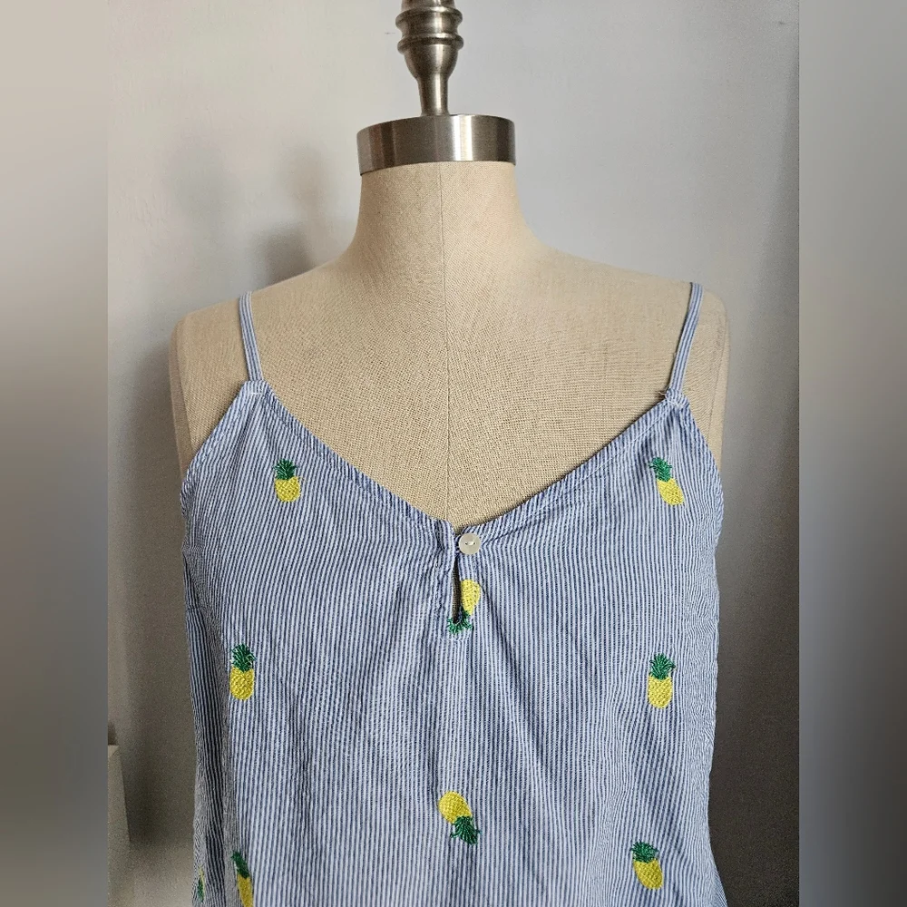 TABITHA WEBB Blue & White Striped Pineapple Spaghetti Strap Sleep Top | SZ L